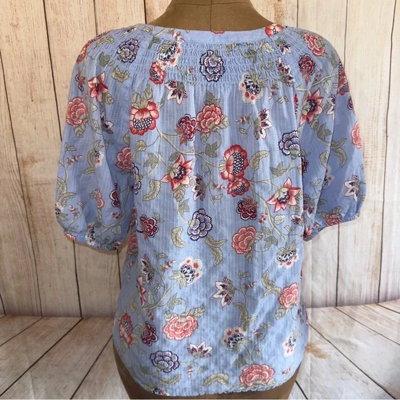 LOFT Blue Floral Blouse, lightweight, eyelet detail, elastic sleeve, women’s XL - Picture 5 of 10